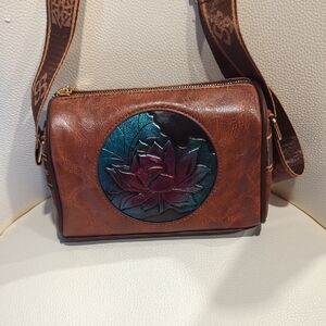 Brown Vegan Leather Crossbody Bag with Lotus Design